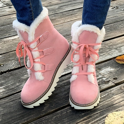 Women's Plush Lined Snow Boots - Solid Color Lace-Up, Anti-Slip, Winter Thermal Mid-Calf Outdoor Boots