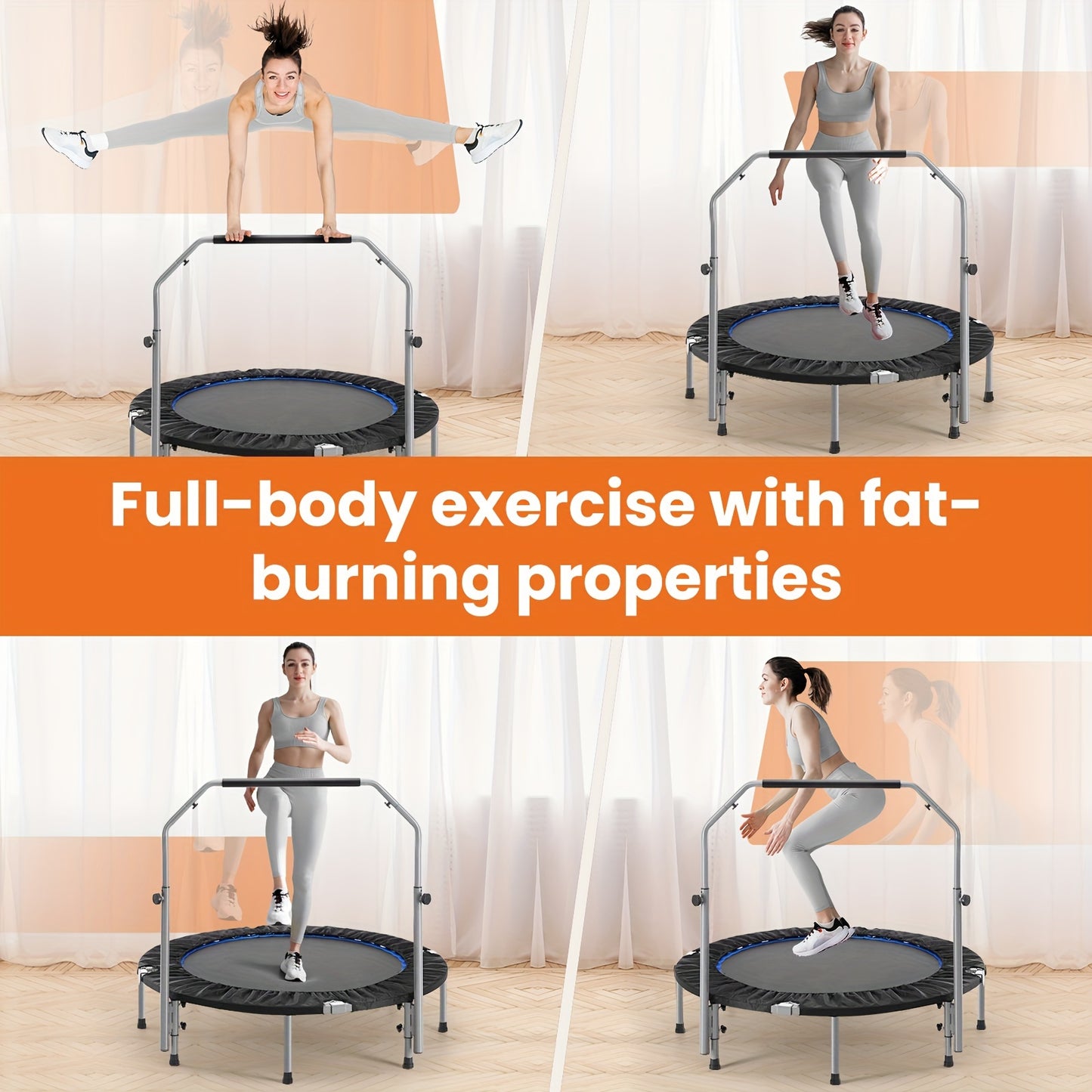 40/48" Foldable Mini Trampoline – Max Load 330lbs, Fitness Rebounder with Adjustable Foam Handle, Exercise Trampoline for Adults, Indoor/Garden Workout