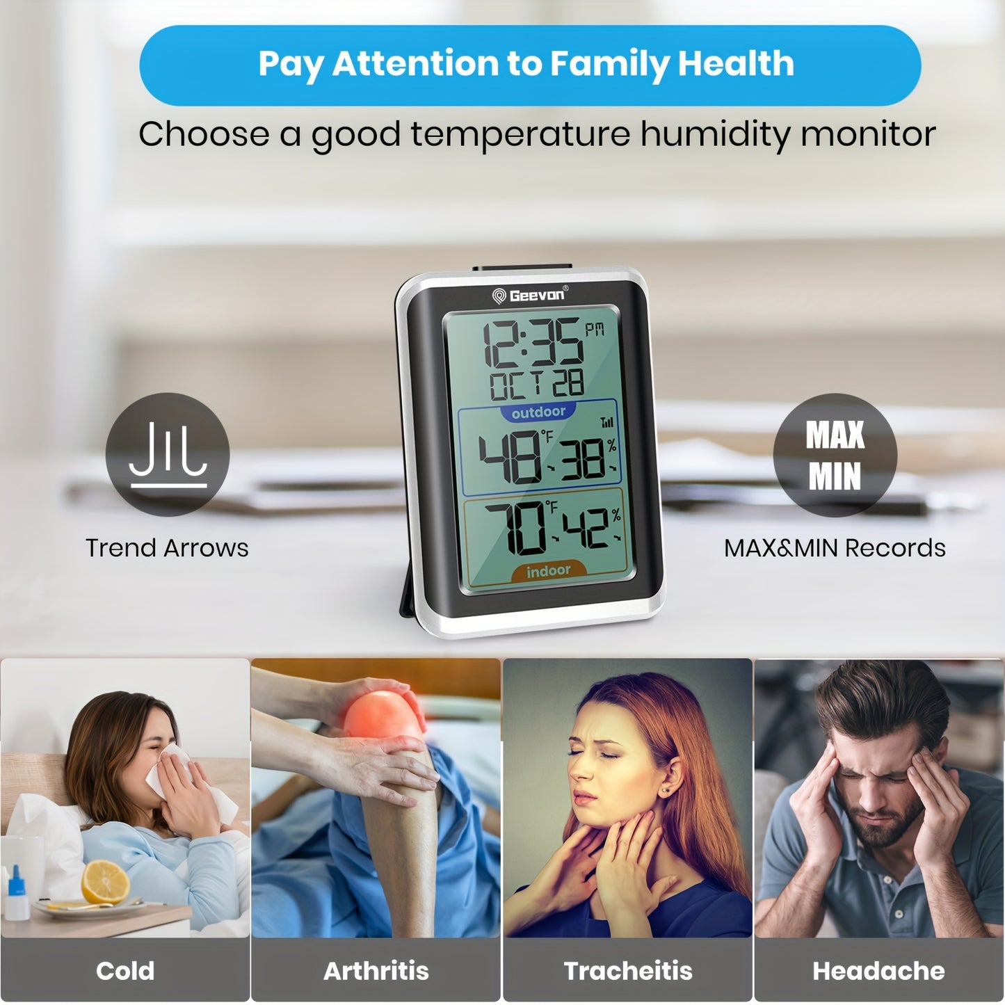 Accurate Indoor/Outdoor Wireless Thermometer - Digital Hygrometer with Time Display, 200ft Range, Temperature and Humidity Sensor, Real-Time Monitoring, Battery Powered, Easy Installation