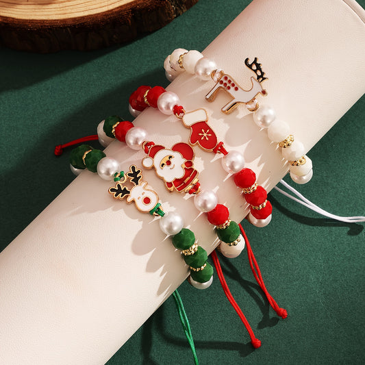 4pcs Festive Christmas Charm Bracelet Set - Santa, Reindeer & Gloves Designs with Soft Clay Beads and Drawstring Closure - Perfect Holiday Gift for Friends and Family