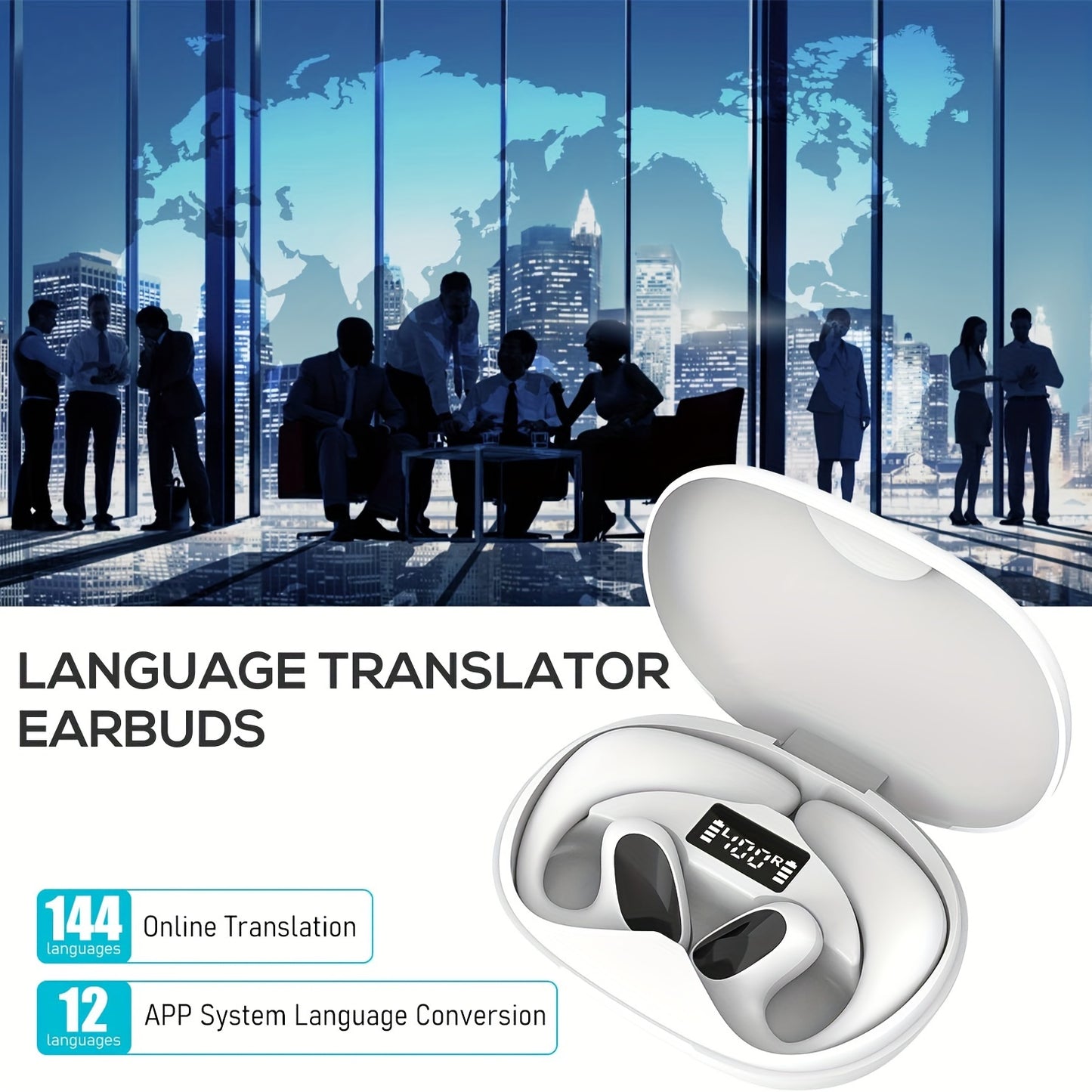 2 Way Real-Time Language Translator Earbuds – Supports 100+ Languages, USB Rechargeable, Long Battery Life – Ergonomic Design for Travel, Learning and Business