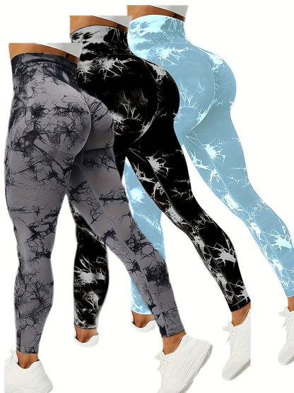 3pcs Vibrant Tie Dye High Waist Sports Leggings - Ultra-Comfortable, Sweat-Wicking, Four-Way Stretch - Wide Waistband for Yoga, Running, Workout, Activewear Essentials