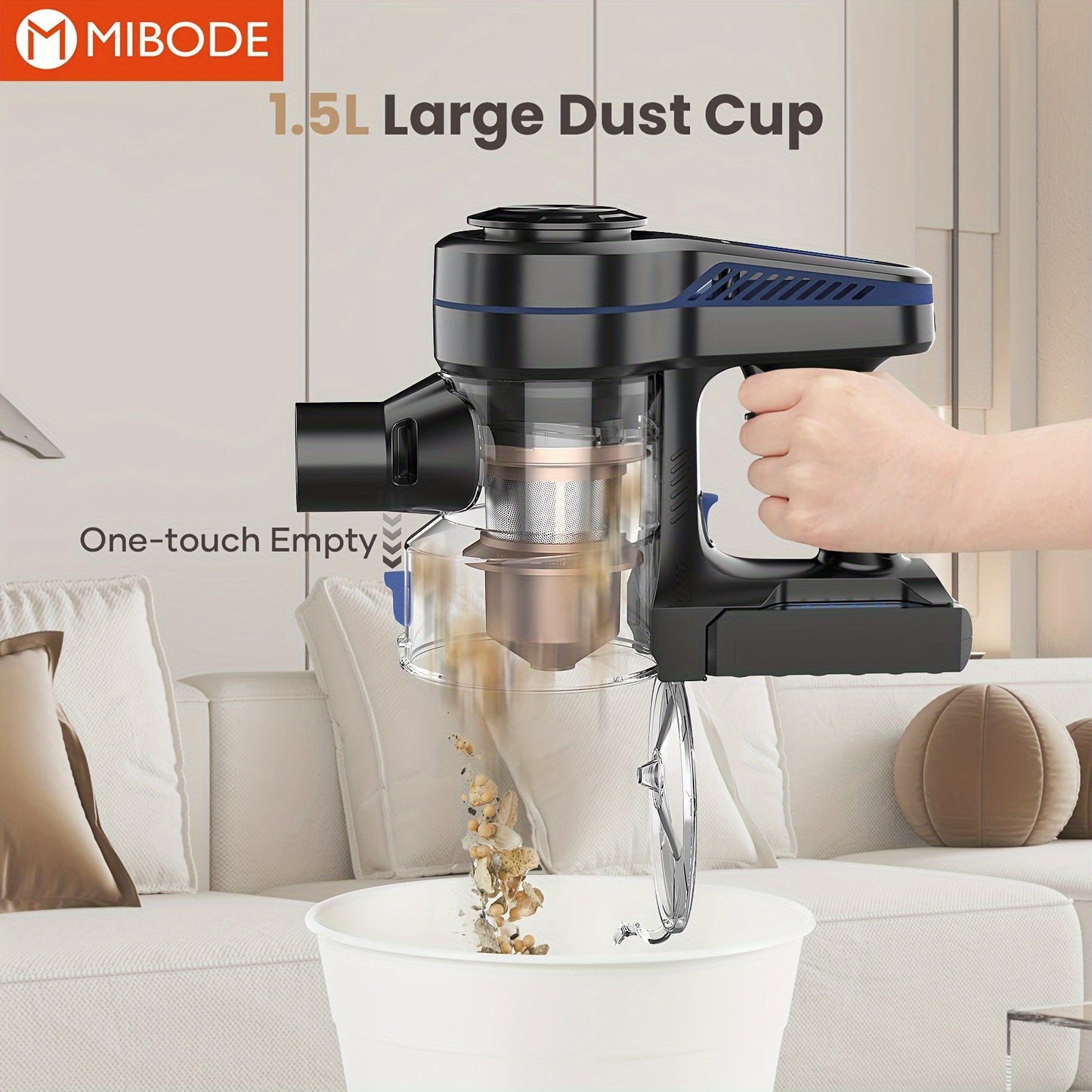 MIBODE Cordless Vacuum Cleaner - 26Kpa Powerful Stick Vacuum, 45min Runtime, Anti-Tangle, Rechargeable Wireless, 50.72oz Dust Cup, For Hardwood Floors, Carpet and Pet Hair