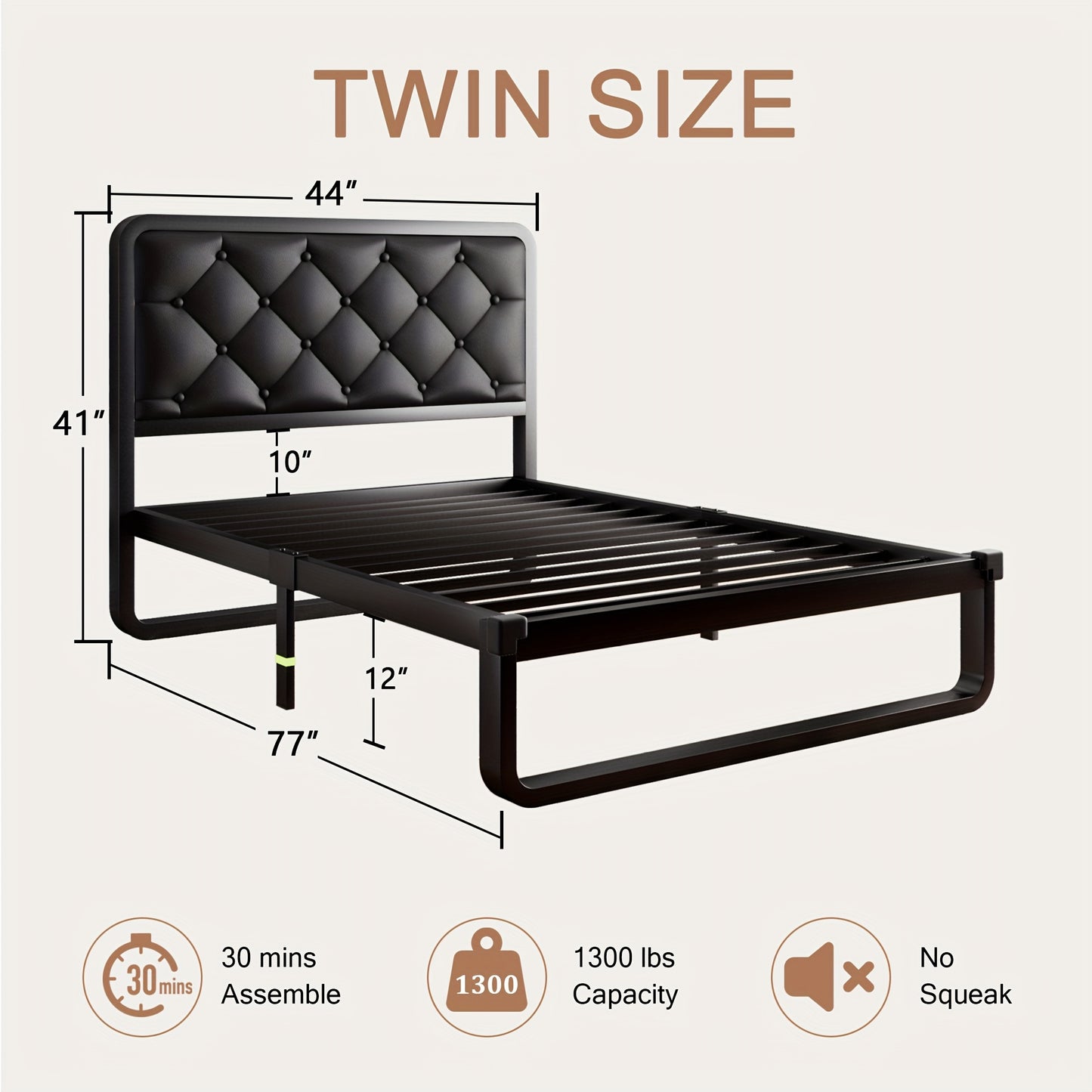 12" Heavy Duty Metal Bed Frame with Luxurious Button Tufted Upholstered Headboard – No Box Spring Needed, Sturdy Construction, Ample Storage Space, Easy Assembly