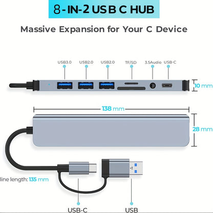 7-in-1 USB Hub and USB-C Splitter - 4 USB Ports, 1 USB-C Port, TF/SD Card Reader, Audio Output, Compatible with MacBook, iPad Pro, Dell, HP Laptops, Phones