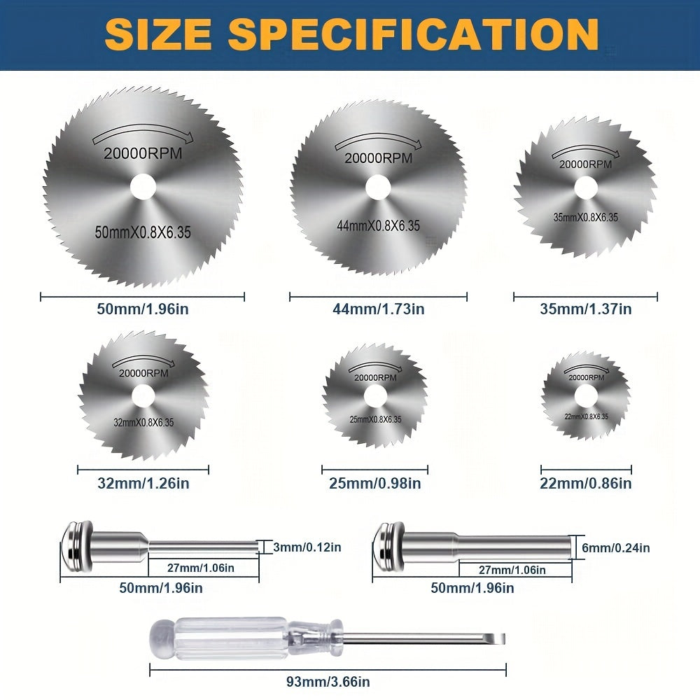 9pcs Cutting Wheel Set for Rotary Tools - HSS Saw Blades for Drills, Includes 6 Cutting Discs, 1/8" and 1/4" Round Shanks, Screwdriver for Wood, Plastic and Aluminum Cutting