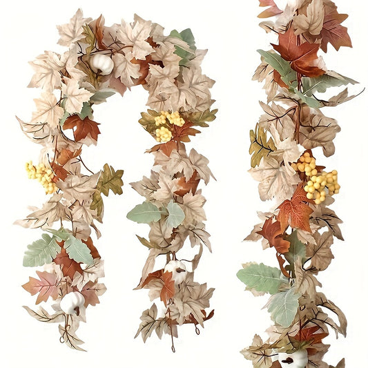 Fall Pumpkin Garland – 71.1 Inch Artificial Maple Leaf & Pumpkin Berry Rattan Wreath, Perfect for Wedding, Thanksgiving Table, and Farmhouse Decor