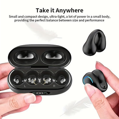 Open Ear Clip Wireless Earplugs BT 5.3 – Sports Earphones with Built-In Microphone, Ear Hooks, Wireless Charging Box, and Display