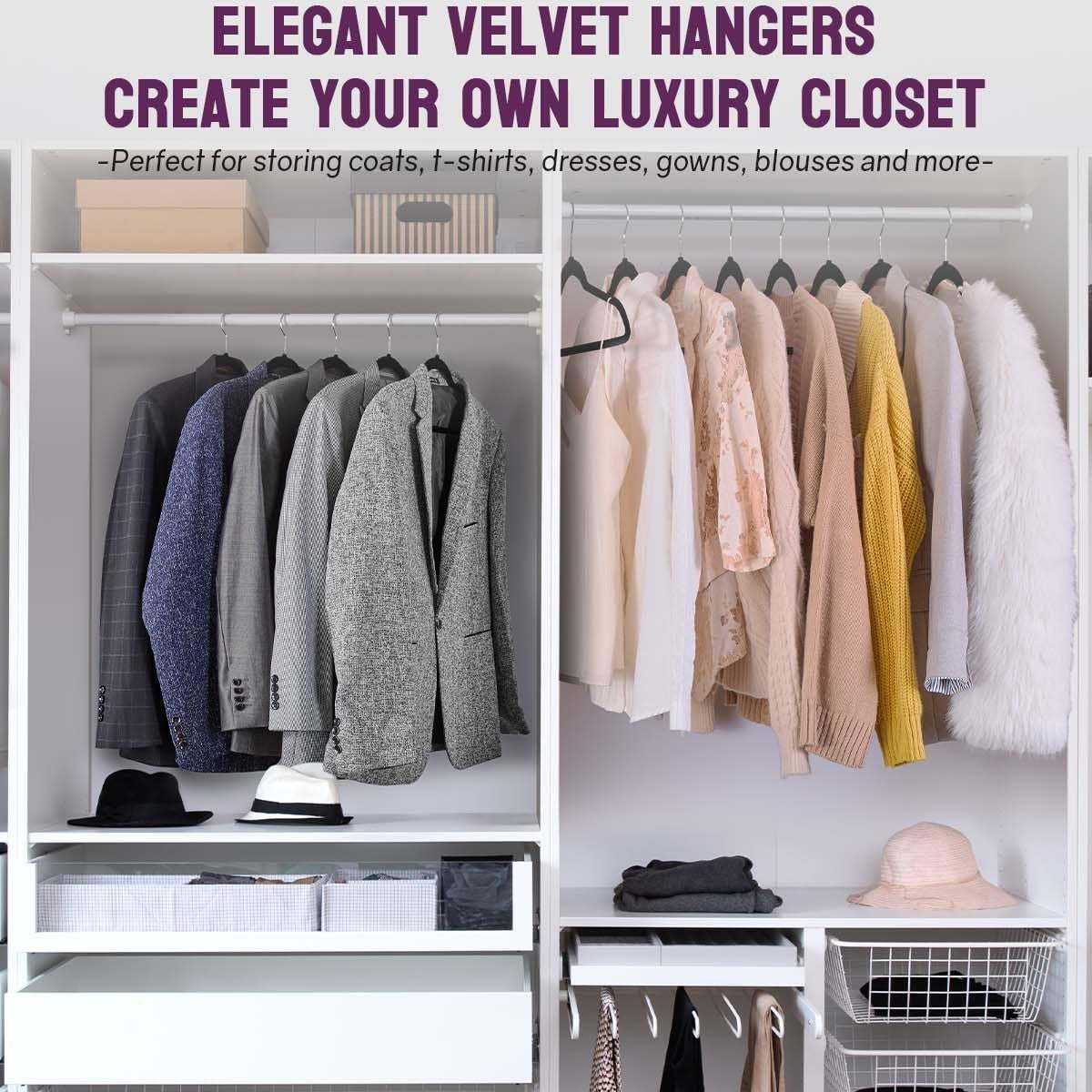 20/30/60 Pack Velvet Hangers - Premium Non-Slip Felt Hangers with Sturdy Black/White Finish - Heavy Duty Coat and Suit Hangers with Space-Saving 360° Rotating Rose Gold/Galvanized Metal Hook