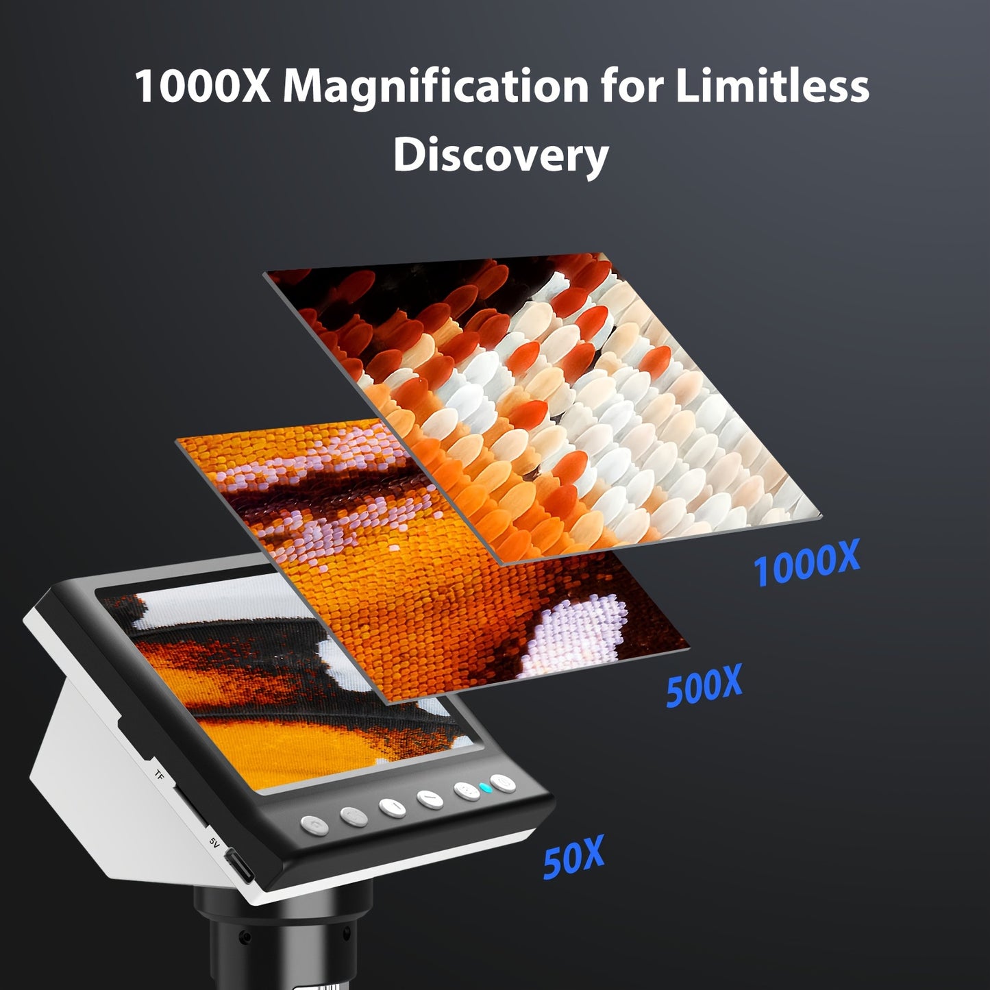 1000X HD 1080P Digital Microscope - 4.3'' Screen with 8 LEDs, Windows Compatible, Ideal for Coin Collection and Inspection