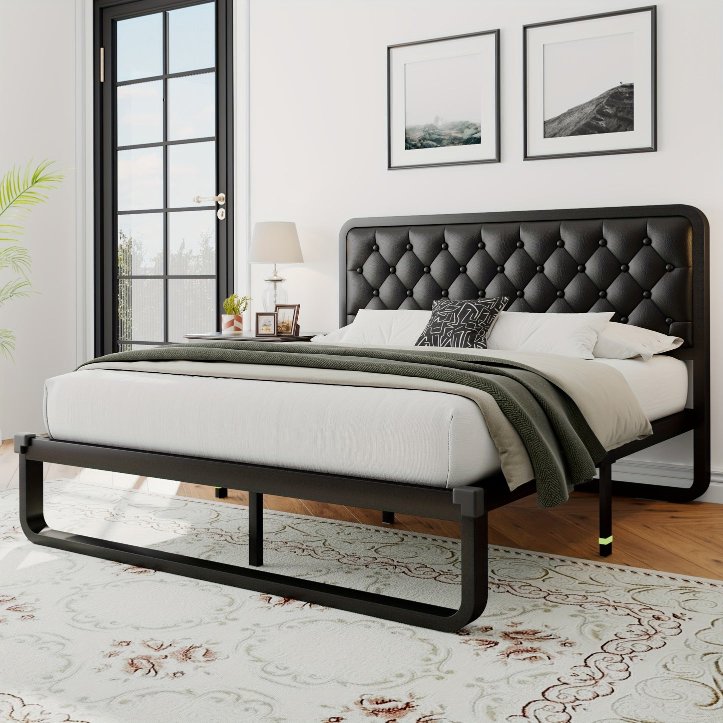 12" Heavy Duty Metal Bed Frame with Luxurious Button Tufted Upholstered Headboard – No Box Spring Needed, Sturdy Construction, Ample Storage Space, Easy Assembly