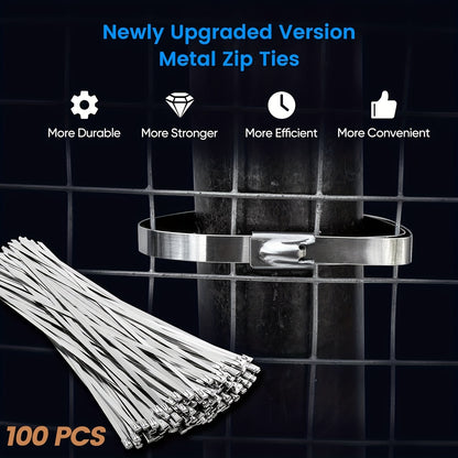 100pcs Heavy Duty 304 Stainless Steel Zip Ties – 198 lbs Capacity – Rustproof Self-Locking Cable Ties for Machinery, Vehicles, Exhaust Wrap, Farms, Pipes, Roofs and Outdoor Fences