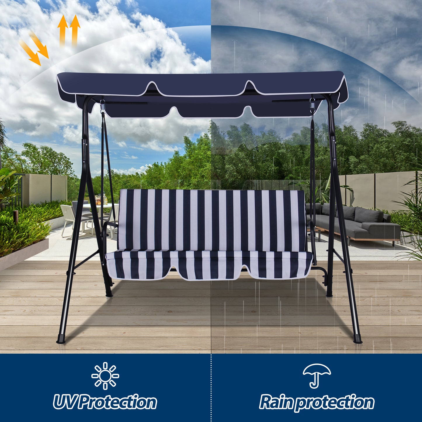 COVERONICS 3-Seat Outdoor Porch Swing – Patio Swing Chair with Adjustable Canopy, Durable Metal Frame, and Removable Cushions – Ideal for Backyard, Terrace, Lawn