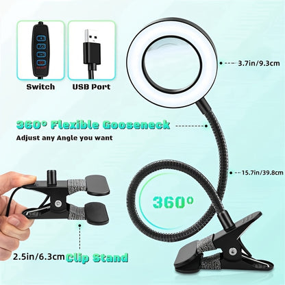 10X Magnifying Glass Desk Lamp - Adjustable LED Reading Light, USB Powered, Flexible Gooseneck