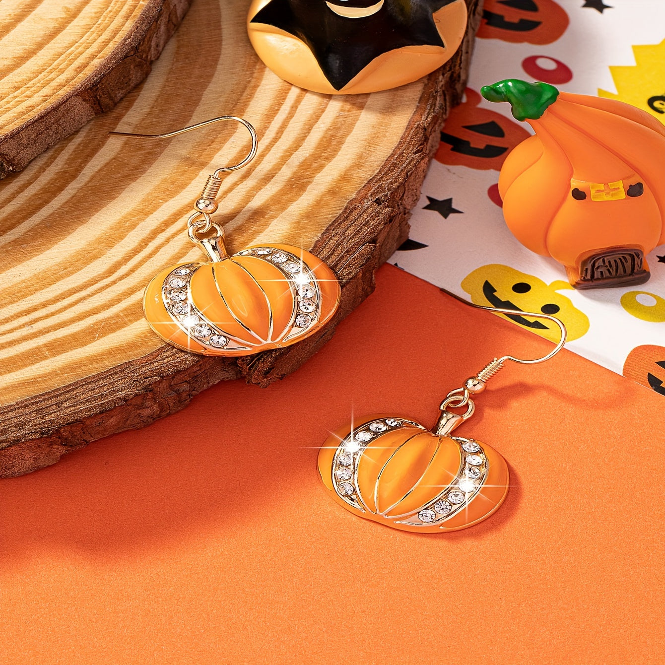 Enamel Pumpkin Dangle Earrings - Shiny Rhinestone Inlaid Retro Bohemian Style, 14K Plated Jewelry, Perfect Halloween Gift