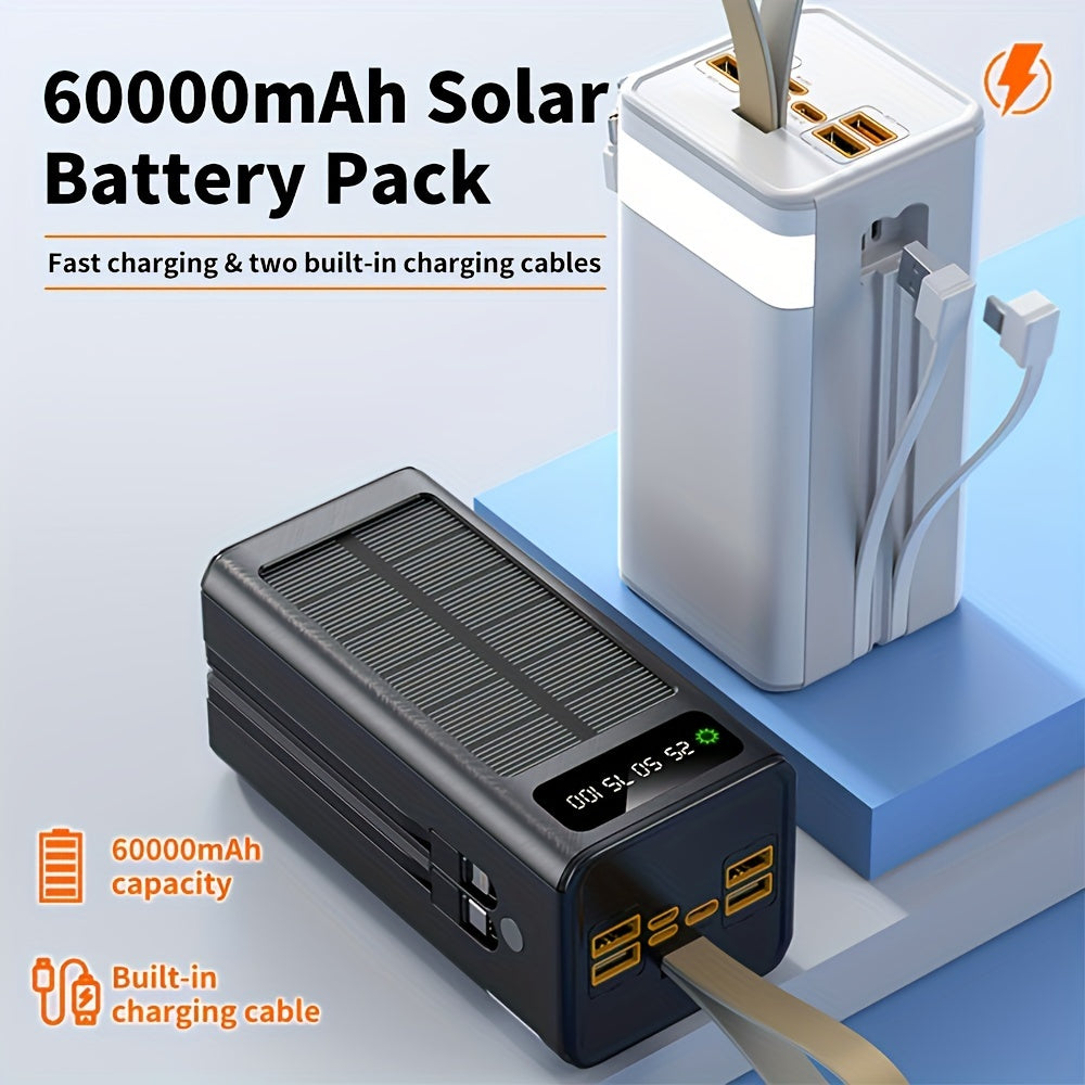 60000mAh Solar Mobile Power Bank - High Capacity Portable Charger with 22.5W Max PD3.0 Fast Charging, 7 Ports, LED Display, Built-in USB-C Cable, Perfect for Outdoor Camping and Emergency Use