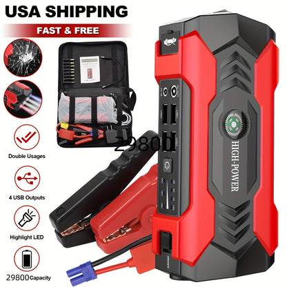 1pc Portable 29,800mAh Car Jump Starter – Emergency Battery Charger with Flashlight and Compass, Power Supply for Cell Phones, Cars, Motorcycles, Yachts, and Outdoor Activities