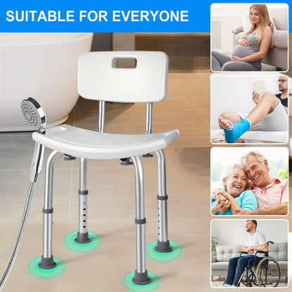 Adjustable White Shower Chair with Backrest and Shower Head Holder - Non-Slip Bathroom Stool, Supports Up to 350 lbs