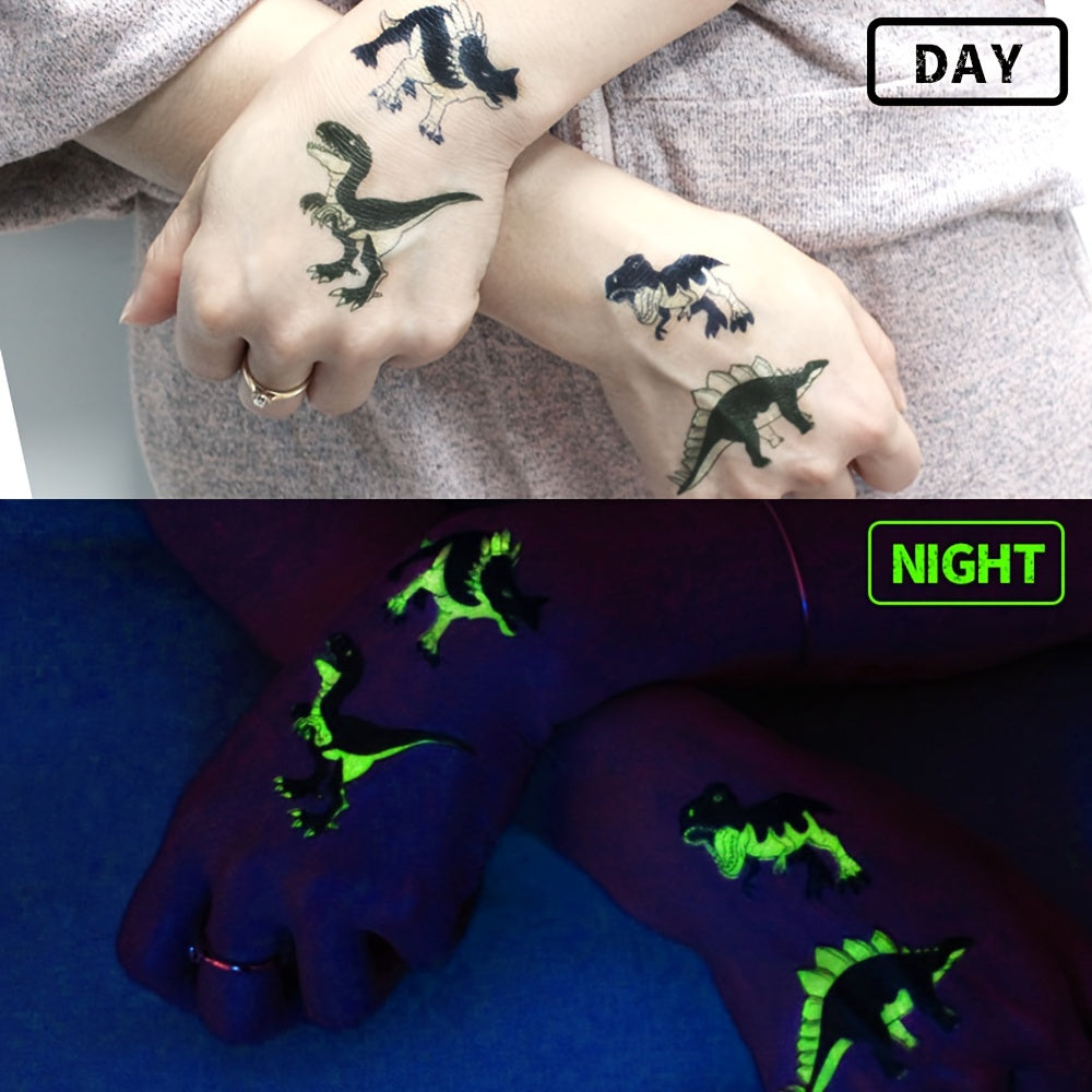 10 Sheets Luminous Dinosaurs Temporary Tattoos - Glow in the Dark T-Rex, Pterosaur, Velociraptor, Triceratops, Stegosaur Designs, Ideal for Dinosaur Birthday Parties and Stocking Stuffers