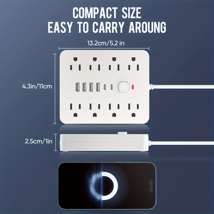 1pc 14-in-1 Power Adapter - 4 USB Outlets, 2 Type-C Ports, 8 AC Sockets, Surge Protector, Wall Socket, Portable for Home, Office and Travel