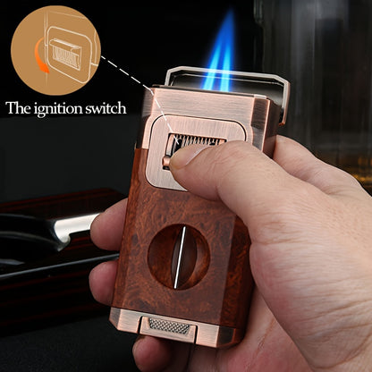 Double Windproof Jet Flame Torch Lighter with V-Shaped Knife - Built-in Holder, Visible Air Window, Clipper for Candles and Outdoor Use, Cool Cigarette Accessory Gift (No Butane)