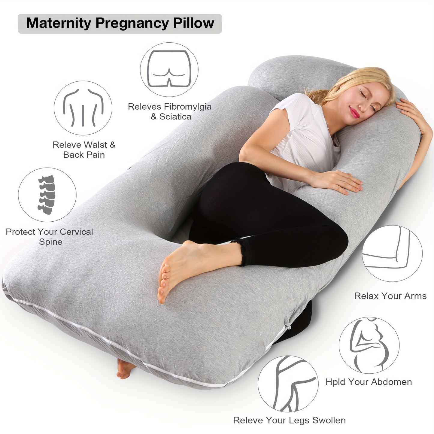 X Large 65-Inch J-Shaped Pregnancy Pillow - Full Body Maternity Pillow with Jersey Removable Cover, Grey, Essential for Comfortable Sleep