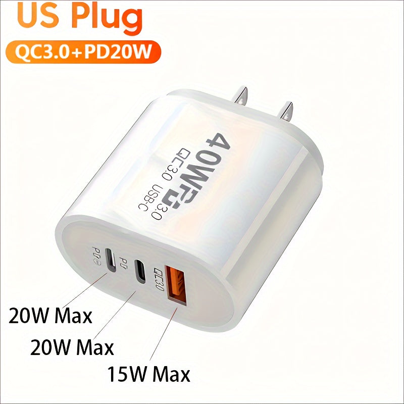 40W USB-C Charger – Fast Charging Block with US Plug, PD USB-C Type C and QC 3.0 for iPhone 14, Xiaomi, Samsung, and MacBook