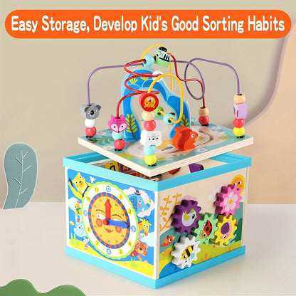 Wooden Activity Cube 5 in 1 - Educational Learning Toys for Toddlers Age 1-2, Includes ABC-123 Abacus, Bead Maze and Shape Sorter for Boys and Girls