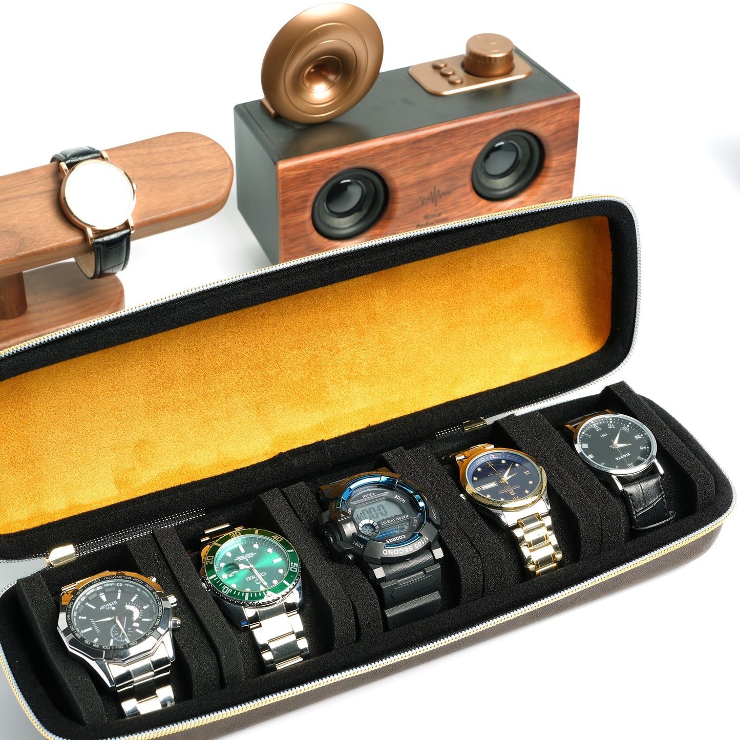 5 Slot PU Leather Hard-Shell Watch Box - Travel Case with Anti-Move Watch Pillow