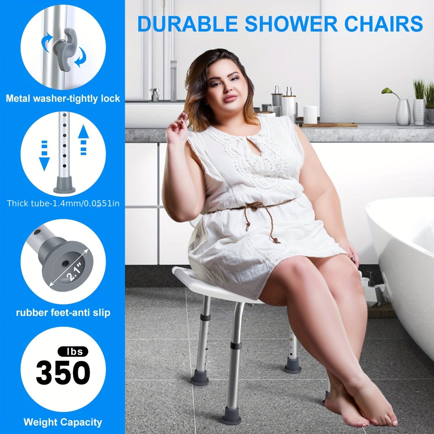 Adjustable White Shower Chair with Backrest and Shower Head Holder - Non-Slip Bathroom Stool, Supports Up to 350 lbs