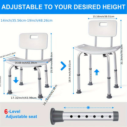 Adjustable White Shower Chair with Backrest and Shower Head Holder - Non-Slip Bathroom Stool, Supports Up to 350 lbs