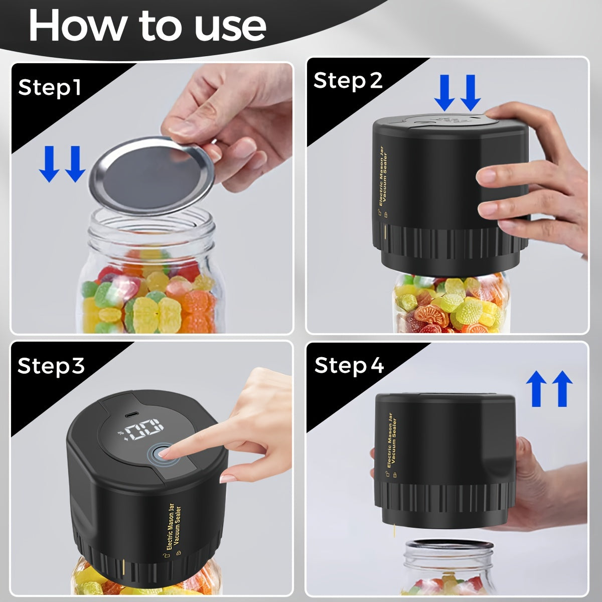 Electric Mason Jar Vacuum Sealer Kit - Automatic Vacuum Sealing System for Canning and Food Storage - Fits Regular and Wide Mouth Lids, Includes Can Opener and Easy-to-Use Interface