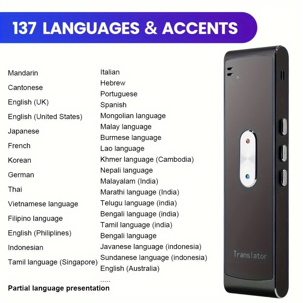 Instant 2-Way Language Translator - 137 Languages | Portable Device for Travel, Business, Learning