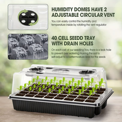 Seed Starter Trays Set with 2 Long Strip Grow Lights – 40-Cell Kit with Humidity Dome for Seed Germination, Seedling Starting, Propagation, and Cloning Plants