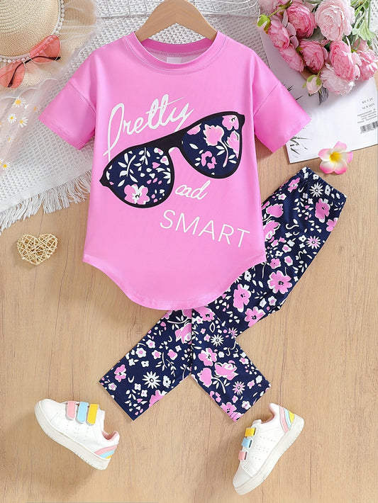 2pcs Little Girls' Adorable Glasses and Alphabet Pattern Outfit - Pant Set with Drop Shoulder Tee, Skinny Crop Leggings, and Cute Accessories