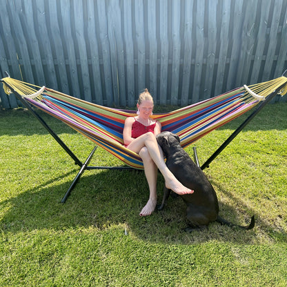 Double Hammock with Stand: 450lb Capacity Steel Frame, Premium Carry Bag, and Two Anti-Roll Balance Beams Included