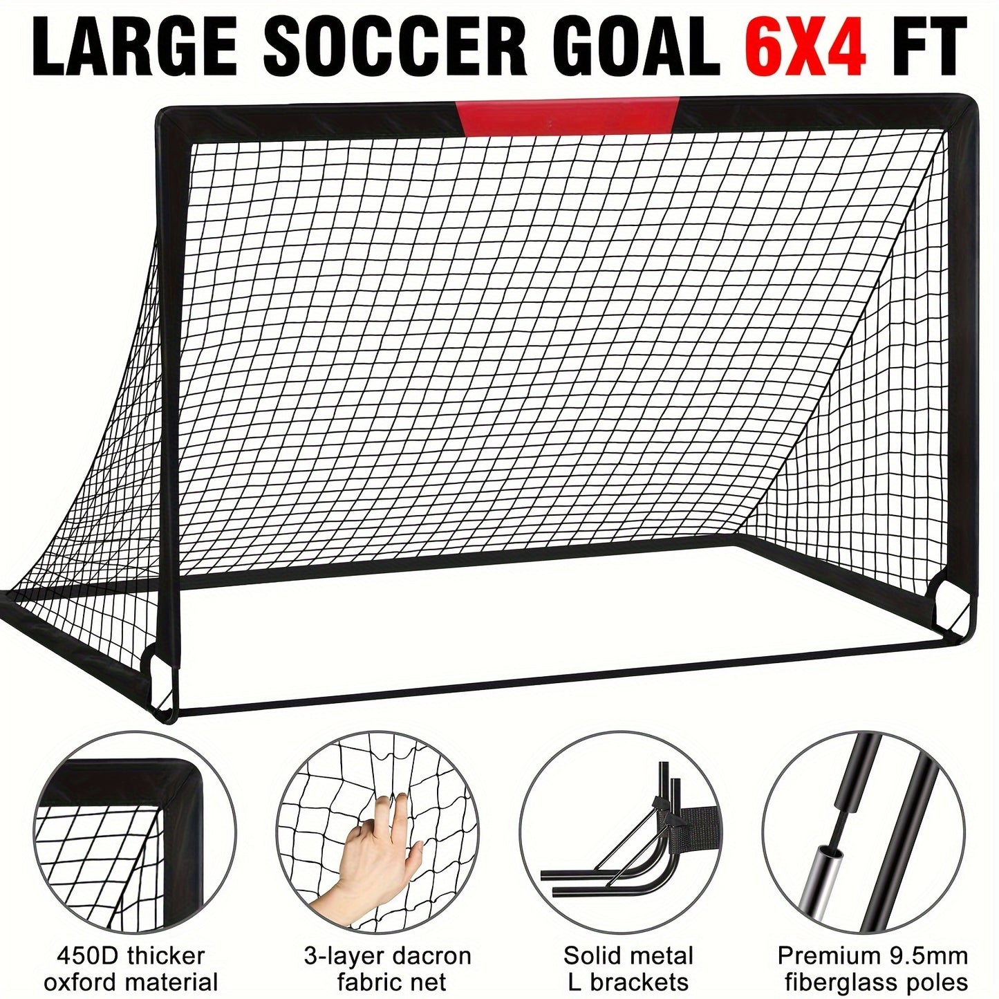 2pcs 6x4 Ft Portable Soccer Goals Set for Backyard - Stainless Steel Frame, Includes Ball, Cones, Pump & Carry Bag - Ideal for Youth & Family Training