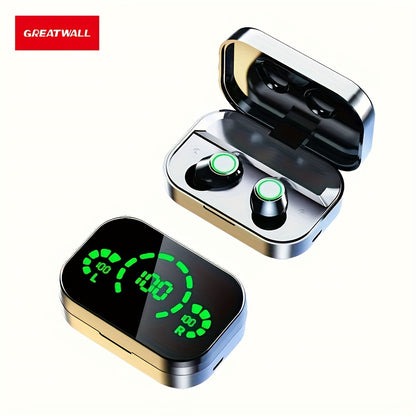 GREATWALL 2024 Triple-Screen Smart Wireless Earbuds – LED Digital Display, Stylish Mirror Design, Hi-Def Audio, Black Headphones for Sports and Gaming