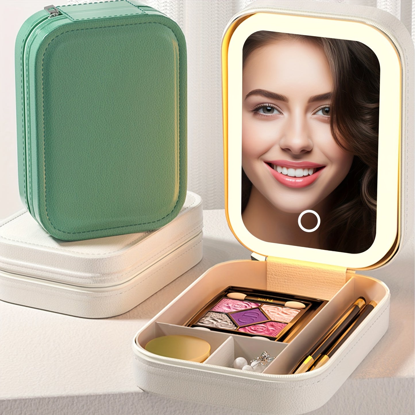 Multifunctional Travel Cosmetic Mirror Case – Portable Vanity Mirror with 3 Lights, LED Makeup Mirror, and Jewelry Storage Bag