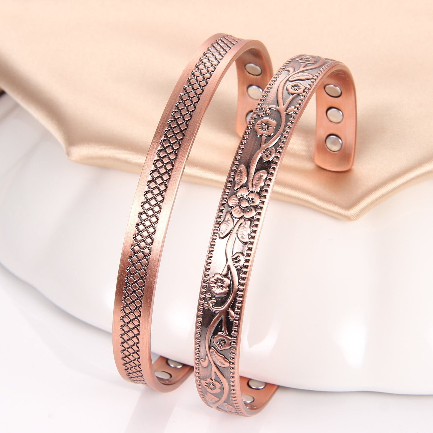 2 Piece Copper Magnetic Bracelets for Men and Women - Adjustable Copper Cuff Bangles with 6 Ultra Strength Magnets