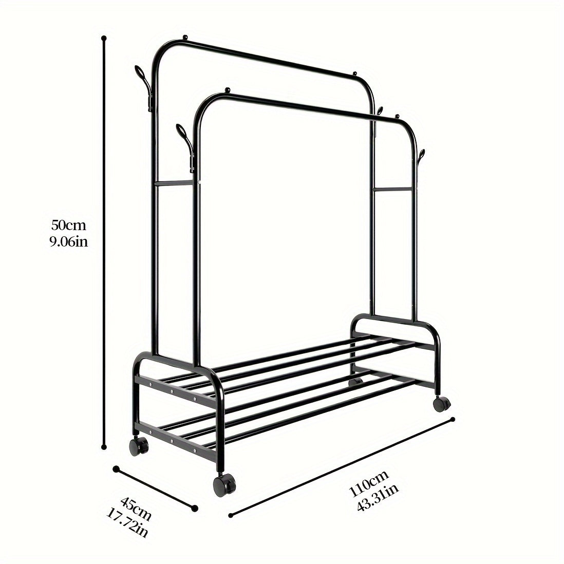 Sturdy Metal Double-Rod Clothing Rack with Wheels – Portable Garment Rack with Shelves & Hooks – Heavy Duty, Multi-Functional Closet Rack for Bedroom – Black