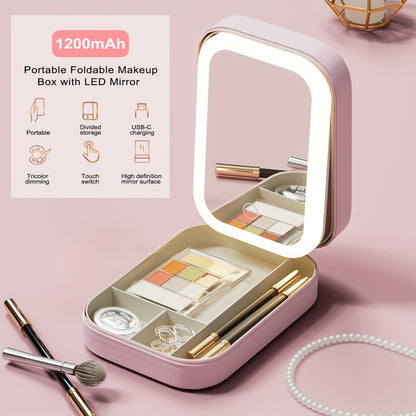 Multifunctional Travel Cosmetic Mirror Case – Portable Vanity Mirror with 3 Lights, LED Makeup Mirror, and Jewelry Storage Bag