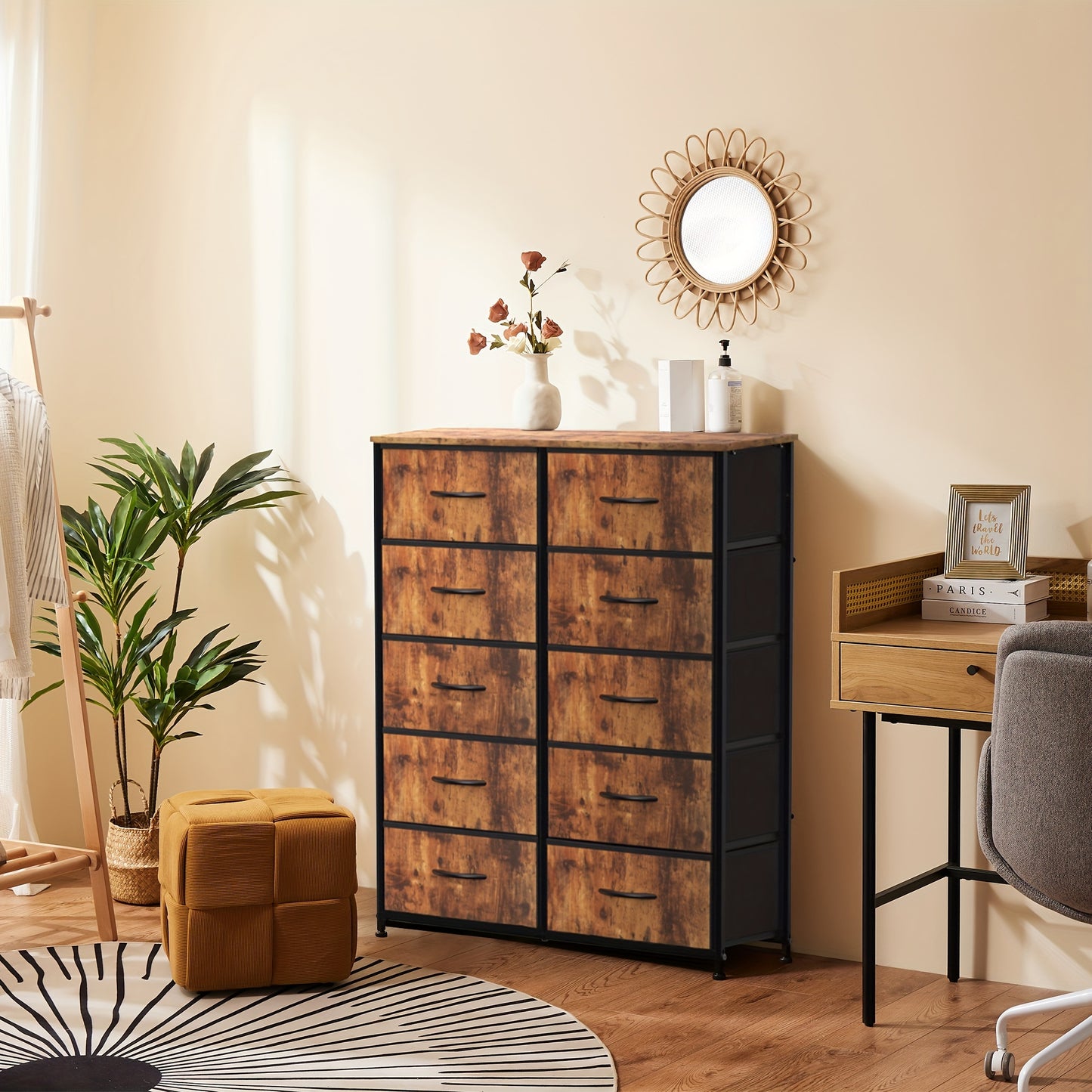 DUMOS Dresser - Fabric Storage Tower with 10 Drawers, Steel Frame, Wood Top, Organizer for Bedroom, Living Room, and Closet