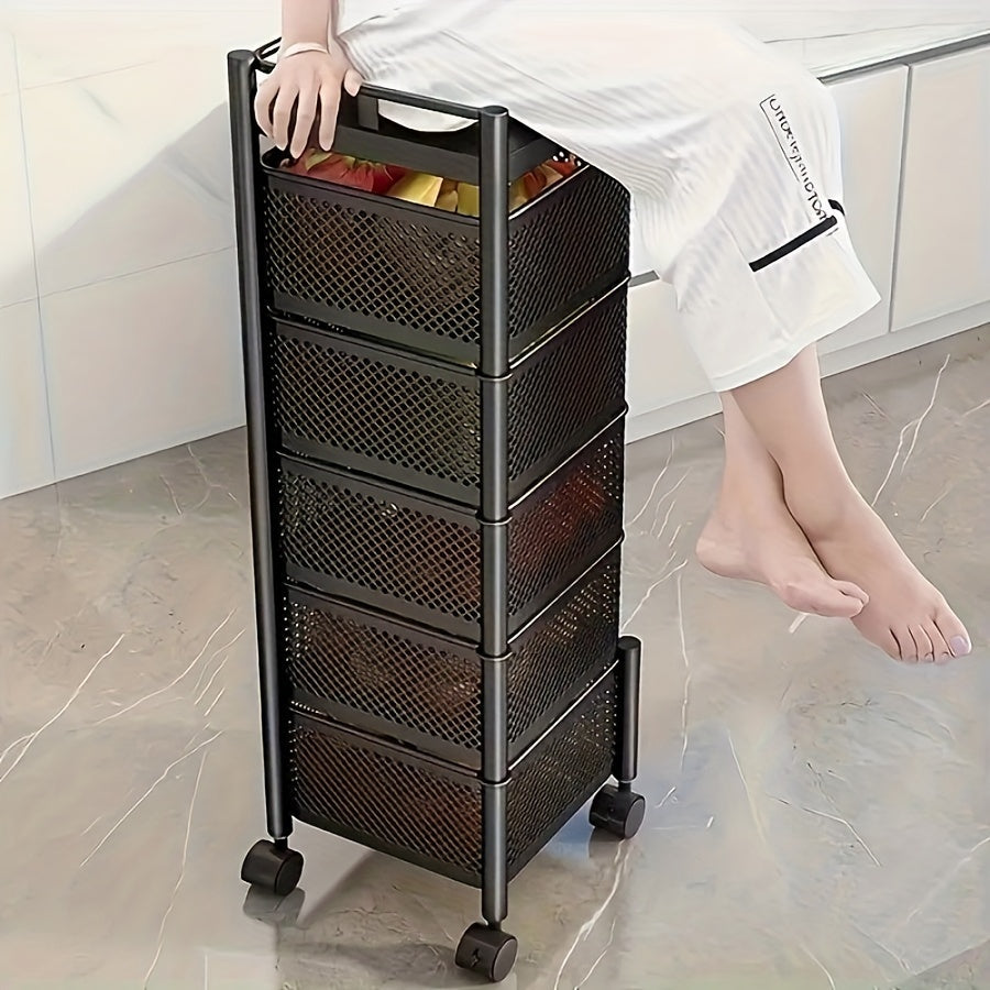 5 Tier Rotating Kitchen Storage Shelf - Metal Fruit and Vegetable Basket Rack on Wheels, Floor-Standing Multi-Layer Storage Trolley for Kitchen and Bathroom