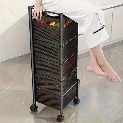 5 Tier Rotating Kitchen Storage Shelf - Metal Fruit and Vegetable Basket Rack on Wheels, Floor-Standing Multi-Layer Storage Trolley for Kitchen and Bathroom