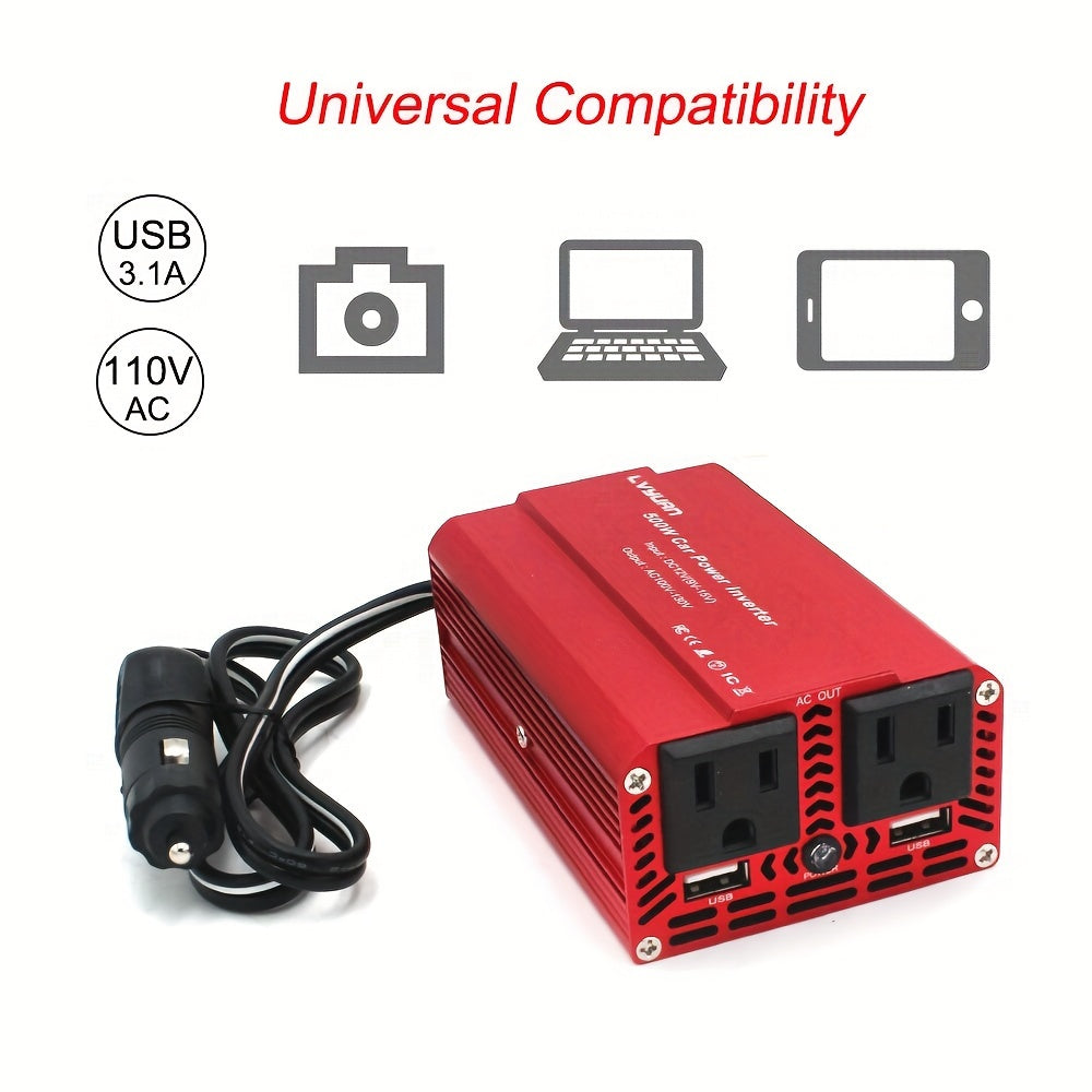 500W Car Inverter with Dual USB Ports - DC 12V to 110V AC Converter for Car Charging and Powering Devices