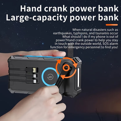 Wireless Power Bank 30,000mAh - 3 Built-in Charge Cables, Hand Crank, 7 Outputs, 4 Inputs, with Strong Flashlight