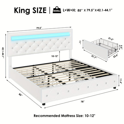 Upholstered Bed Frame with LED Lights Headboard – Full/Queen/King Size Platform Bed with 4 Drawers – Crystal Button Tufted, No Box Spring Needed, Faux Leather/Velvet Fabric – White/Black/Velvet Beige