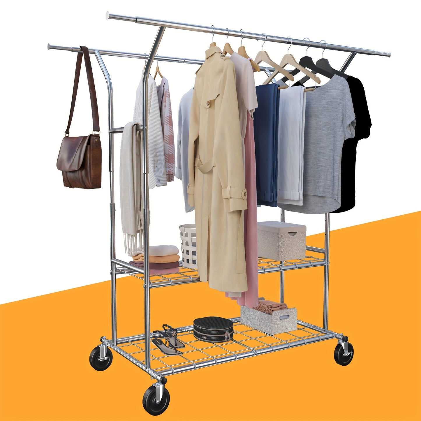 Heavy Duty Rolling Clothes Rack with Wheels - 74.6" W x 24.1" D x 70.1" H Adjustable Garment Rack, Load Capacity 630lbs - Commercial Portable Clothing Rack for Hanging Clothes