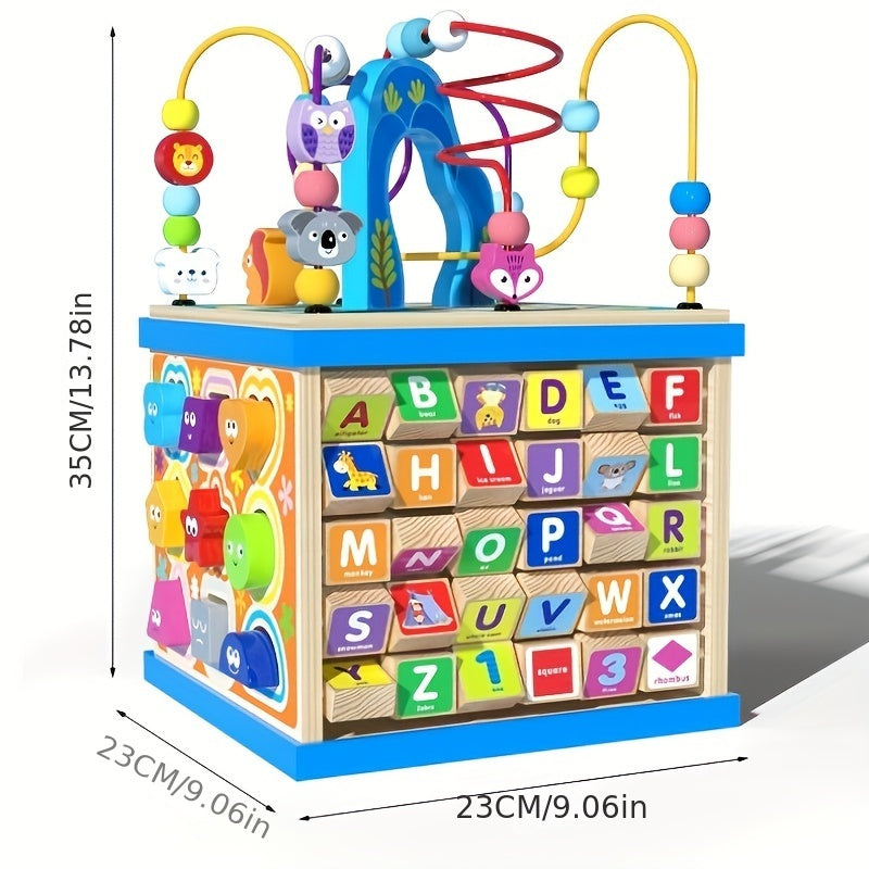 Wooden Activity Cube 5 in 1 - Educational Learning Toys for Toddlers Age 1-2, Includes ABC-123 Abacus, Bead Maze and Shape Sorter for Boys and Girls